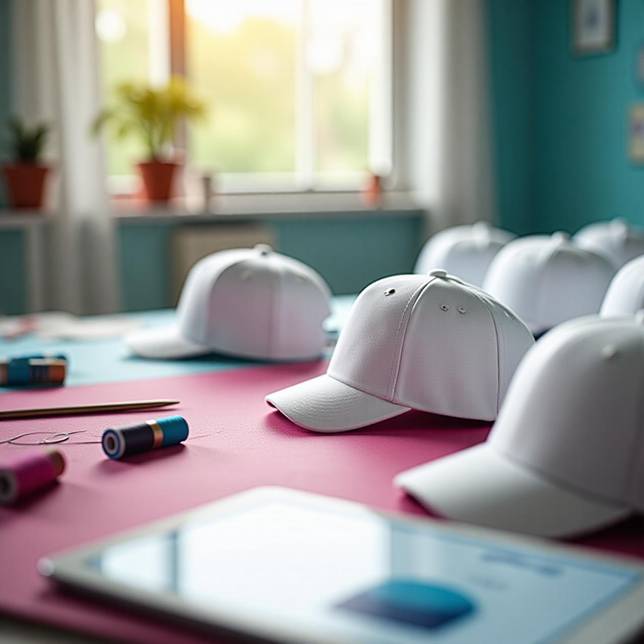 Tavolo creativo con filati e cappelli da personalizzare